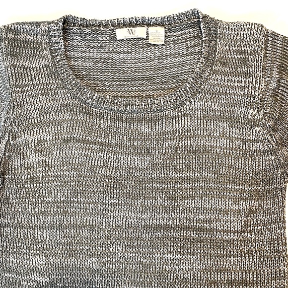 Metallic Silver Shimmer Open Knit Body Crop Short Sleeve Sweater Large - Picture 3 of 10